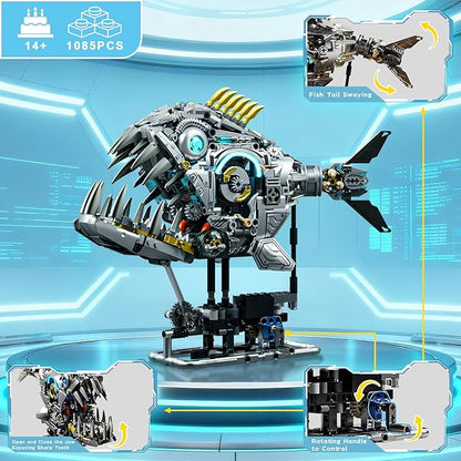 Steampunk Mechanical Piranha Building Set for Adults Creative Killer Fish Animal Collection Toy for Home Office Decor STEM Gift for Teens Boys 14+ (1085PCS)