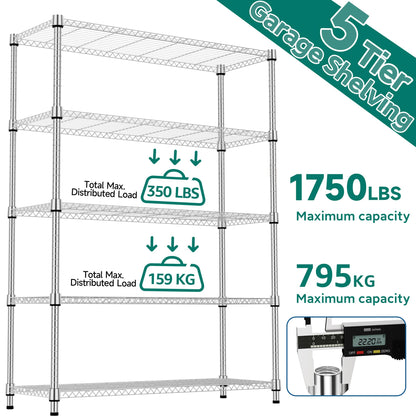 M MZG 1750LBS 47.2" W 5 Tiers Shelf Steel Storage Shelves Metal Shelving Unit Steel Organizer Wire Rack for Home,Kitchen,Office,Garage Chrome 17.7" D x 47.2" W x 72.4" H
