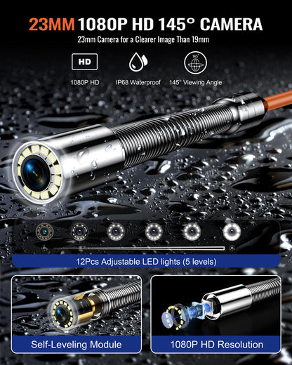 Hialemi Portable 9'' Sewer Camera Pipe Inspector - 100Ft/30M Self Leveling Drain Camera & Meter Counter & 5X Zoom - 145° Plumbing Pipe Inspection Cam with Lights - 1080P IPS Screen & DVR 32GB