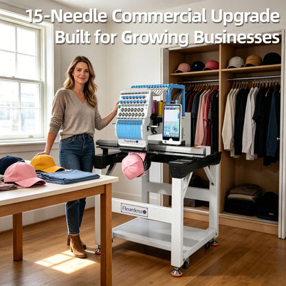 FLEURDENZ 15-Needle Commercial Embroidery Machine for Entrepreneurs, Growing Businesses, and Custom Apparel Brands, for Hats, Bags, 19.7" x 31.5" Large Area, 10" Touchscreen, Laser-Assisted Tracing
