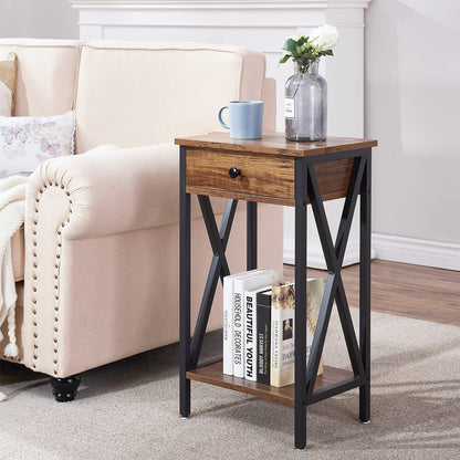 VECELO Tall End Side Tables,27 Inch Night Stand with U-Shape Basket and Storage Drawer/Shelf for Living Room/Bedroom/Small Spaces,Set of 2,Brown