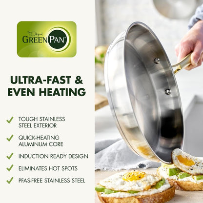 GreenPan Stainless Steel Cookware Set, 11 Piece, Induction Cookware, Dishwasher Safe, Oven Safe to 600F, Large 8QT Stock Pot, Sauce, Saute, Frying Pans, Pots & Pans Kitchen Essentials, Gold