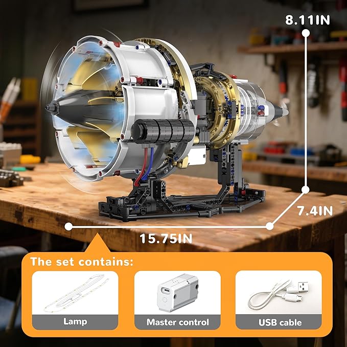 BrixVibe Aircraft Engine Building Set That Works Mini Turbojet Model Kit Technic with APP Control Light &amp Motor Collectible Mechanical Engineering for Boys 14+ Adults