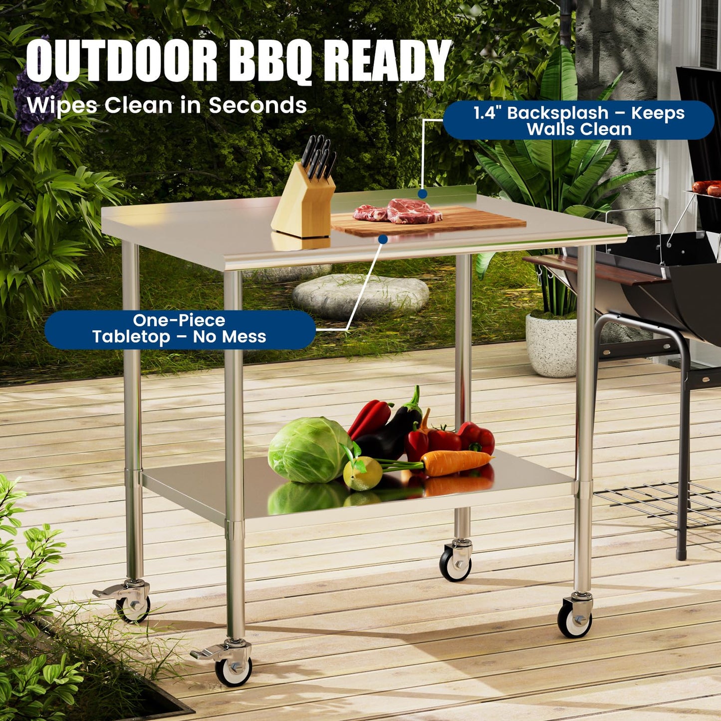 Chingoo Stainless Steel Work Table with Wheels, 30x48 Inch NSF Food Prep Table with Backsplash & Adjustable Undershelf for Kitchen, Restaurant, Garage