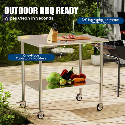 Chingoo Stainless Steel Work Table with Wheels, 30x48 Inch NSF Food Prep Table with Backsplash & Adjustable Undershelf for Kitchen, Restaurant, Garage