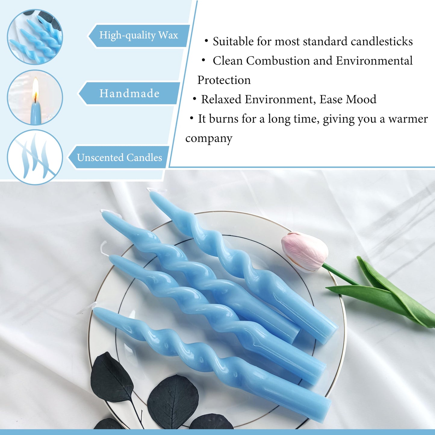 Taper Candles Blue Spiral Candlesticks 4 PCS Handmade Twisted Candle for Dinner Household Wedding Party Home Décor Candlesticks