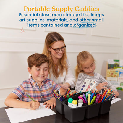 ECR4Kids 6-Compartment Large Plastic Caddy, Multipurpose Organization, Black, 6-Pack