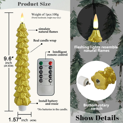 FCMSHAMD Gold Christmas Trees Flickering Flameless Candles with Remote and Timer, Real Wax 3D Flame Wick LED Candles, 9.8 Inch Battery Operated Candles for Christmas Home Decoration，4PCS