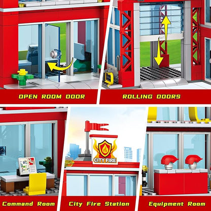 City Fire Station Building Kit Compatible with Lego Fire Rescue Building Blocks Includes Fire Station Fire Truck Fire Helicopter and Drone Toy Set Gift for Kids Boys Girls Age 6-12（784 PCS）