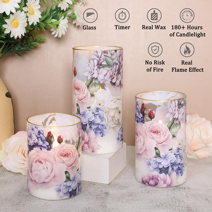 Silverstro Hydrangea Rose Flameless Candles with Remote Control & Timer Function - Real Wax Glass Battery Operated Candles - Home Farmhouse Holiday Christmas Valentine's Day Decorations - Set of 3