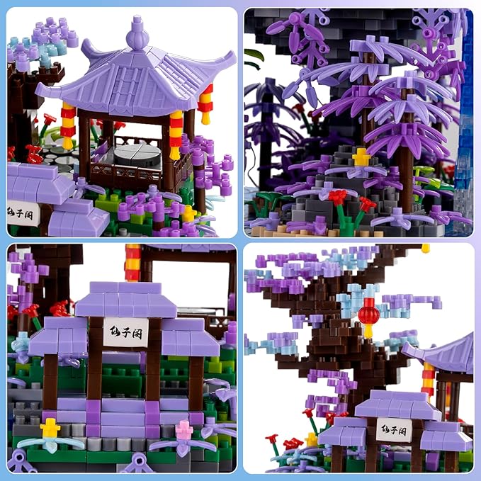 Peach Blossom Pond Japanese Architecture Building Blocks Set for Adults and Kids with Acrylic Display Cover Micro Mini Bricks Cherry Blossom Tree House Building Kit 2500+PCS