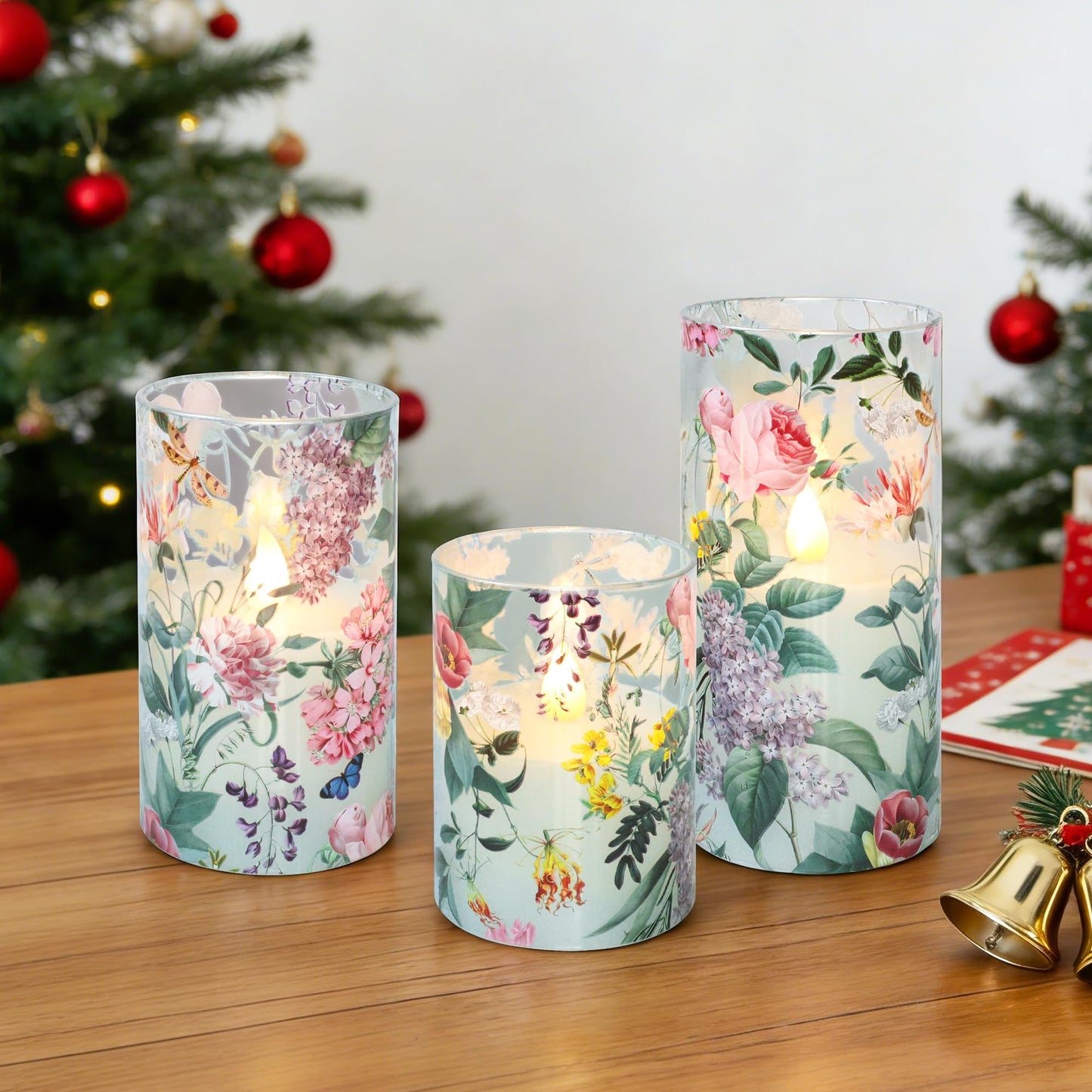Silverstro Floral Flameless Candles with Remote Timer, Pink Rose and Lilac Pattern LED Glass Candles, Battery Operated for Home Party Wedding Christmas Spring Valentine's Day Decor, Set of 3