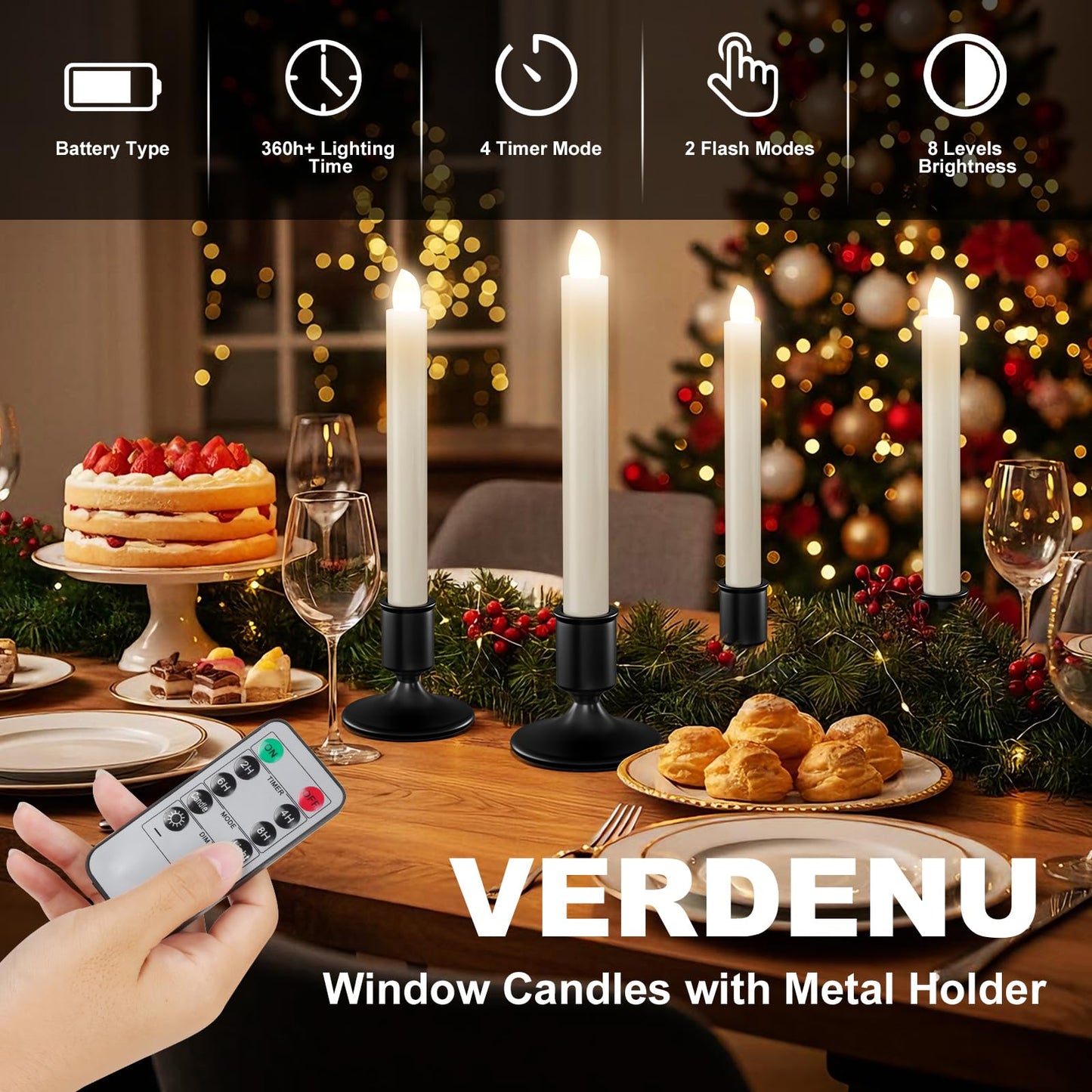Verdenu 2 Pack Christmas Window Candles with Mental Holder, Battery Operated Flameless Taper with Timer Remote, LED Candles with Suction Cups for Christmas Decorations, Black
