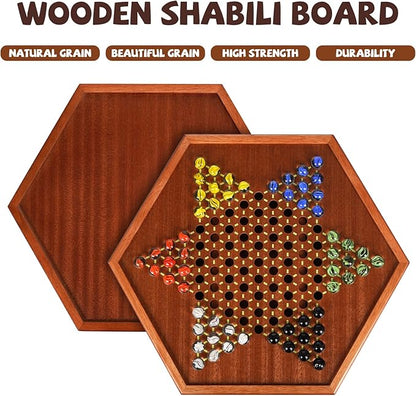 15-Inch Wooden Chinese Checkers Board Game Set – Classic Strategy Game with 72 Glass Marbles Dual-Sided Storage Drawer Family Board Games for Adults Educational Travel and Indoor Game