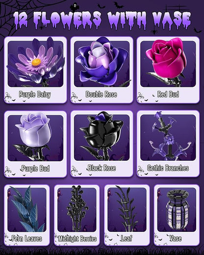 Purple Flowers Building Set with Vase for Adults Gothic Black Roses Floral Bouquet Compatible with Lego Botanical Collection Cool Home Office Decor Valentine Gift for Her Women Girls 14+