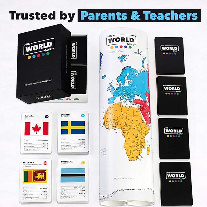 The World Game - Geography Card Game - Fun Game for Easter - Educational Games for Kids Family and Adults - Cool Learning Gift Idea for Teenage Boys &amp Girls 8-12 with Map