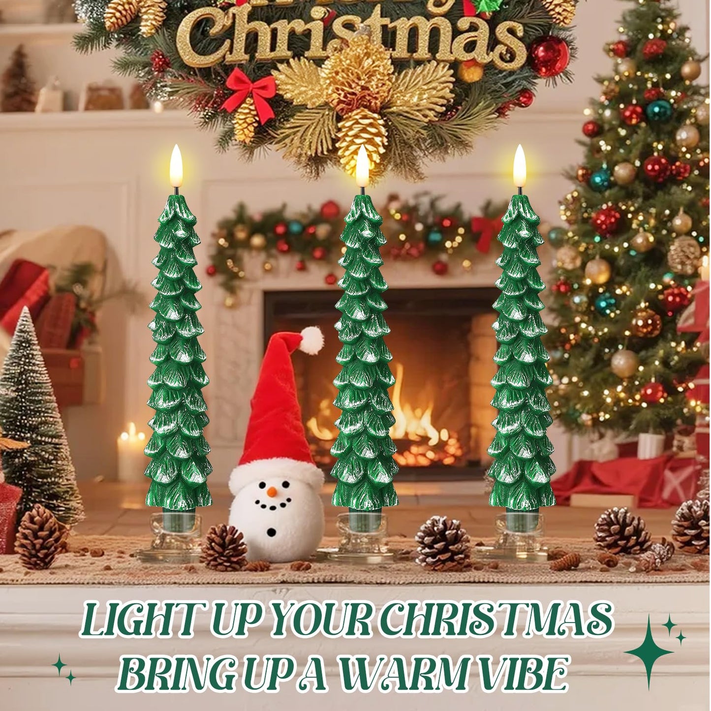 Enhon 3 Pcs Christmas Tree Flameless Taper Candles Battery Operated with Remote and Timer, Real Wax LED Candles, Warm 3D Wick Flickering Lifelike Leaves, Xmas Dinner Holiday Decoration(Green, Silver)