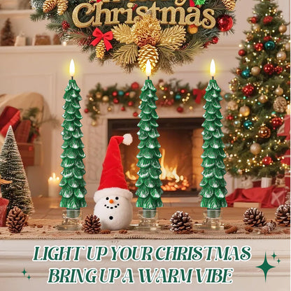 Enhon 3 Pcs Christmas Tree Flameless Taper Candles Battery Operated with Remote and Timer, Real Wax LED Candles, Warm 3D Wick Flickering Lifelike Leaves, Xmas Dinner Holiday Decoration(Green, Silver)