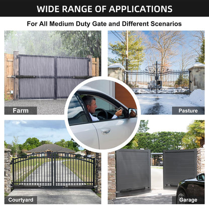 JUJIANG C01 Automatic Gate Opener with Remote Complete Kit for Swing Gate Up to 440lb 12FT per Arm, Electric Gate Openers Light Duty Dual Swing Gate Openers Automatic Gate Motor 40W AC Powered