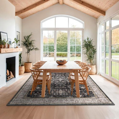 Boho Black Rug - Washable 10x14 Area Rug | Soft Low Pile Carpet for Living Room & Dining Room - Non-Slip, Stain Resistant