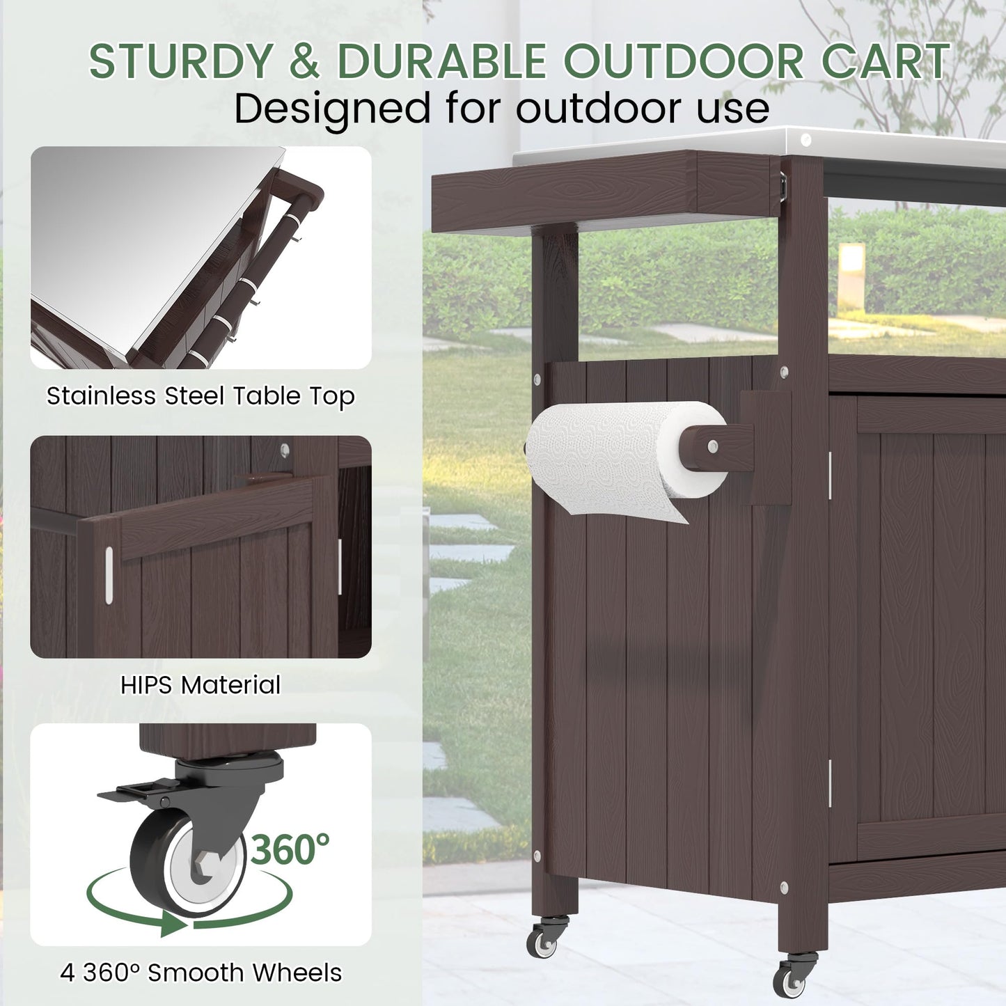Sunnibety Weatherproof HIPS Outdoor Kitchen Island with Stainless Steel Top & Storage Cabinet, Movable Prep Table with Wheels for BBQ Food Prep, Outdoor Grill Cart for Parties, Brown