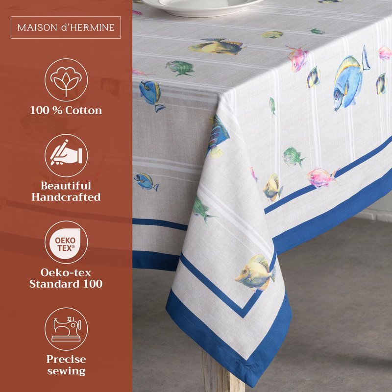 Maison d' Hermine Table Cloth Rectangle Table 100% Cotton 60 x 90 Inches Tablecloth Reusable Decorative for Dining Kitchen Room Farmhouse Home Gifts for Mothers Day Spring Summer - Poisson