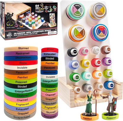 Deluxe Condition Rings w Wooden Case (64 Rings for Standard &amp Large) - 16 Conditions DND Flexible Design- Easy Affix Base Slides Under Figure- Works with Dungeons Dragons Pathfinder &amp All RP