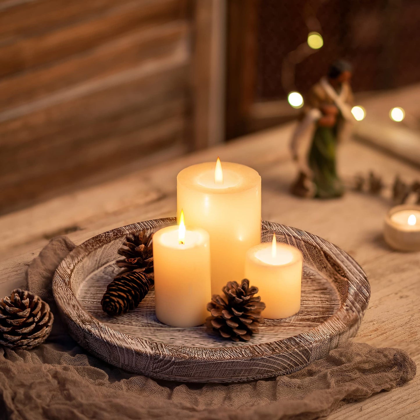 Hanobe Candle Plate Holder Tray: Round Wood Decorative Candle Plate - Rustic Farmhouse CoffeeTable Decor - Tealight Pillar Trays for Home Decor (Whitewash)
