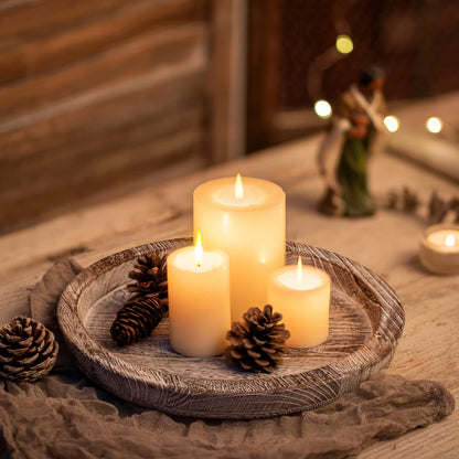 Hanobe Candle Plate Holder Tray: Round Wood Decorative Candle Plate - Rustic Farmhouse CoffeeTable Decor - Tealight Pillar Trays for Home Decor (Whitewash)