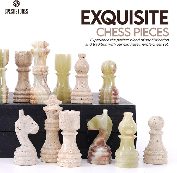 Marble Chess Set 12 Inch Handmade Travertine and Green Board Games for Adults with Storage Box Classic Table Chess Board with Pieces &amp 2 Extra Queens Gifts &amp Home Décor