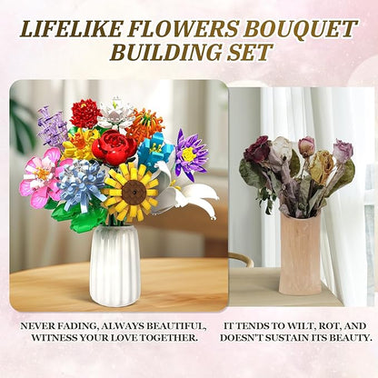 Flowers Bouquet Building Set - 12 Kinds of Flowers Botanical Collection and Decorative Home for Mother's Day Birthdays Gifts Ideal for 6+ Women Girls Adults No Vase