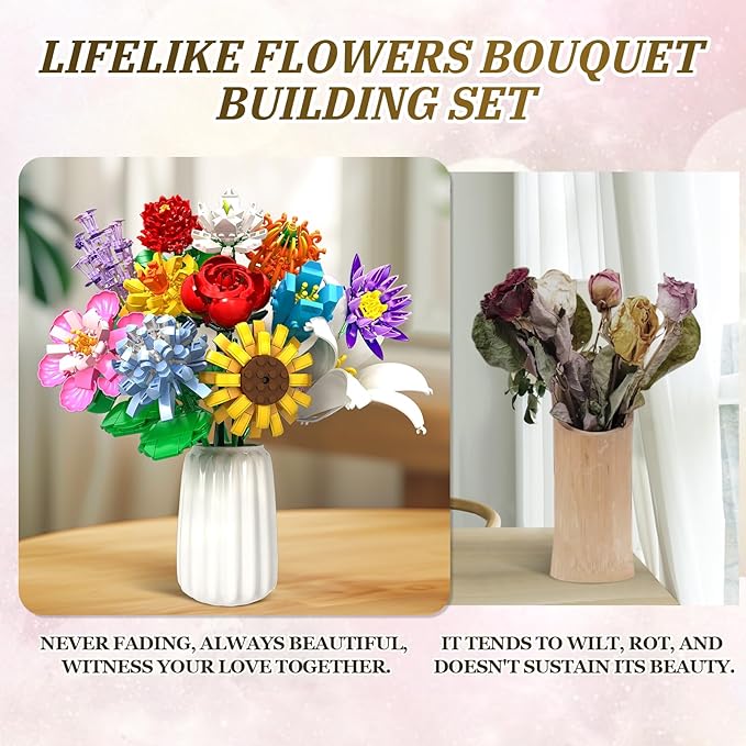 Flower Bouquet Building Set1009PCS Creative DIY Plant Bouquet Decoration12 Artificial Flowers Botanical for Adults Women Girls Ages 6+Idea Gifts for Mother's Day Valentine's Day No Vase