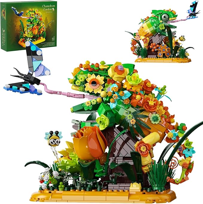 Chameleon Garden Bonsai Building Set 1092PCS Nature Inspired MOC Flowers &amp Insects STEM Kit Compatible with Lego Animal Stunning Desk Decor for Home/Office Building Blocks for Kids Adults Aged