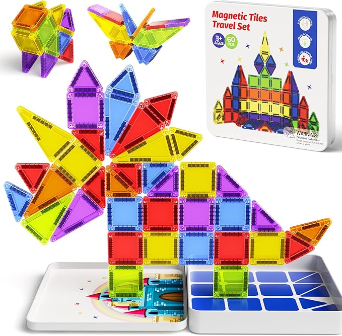 Magnetic Tiles Mini Travel Toddler Set 60pcs Magnetic Blocks Building Kids Toys Montessori Preschool Classroom Must-Haves Educational Learning Sensory Toys for 3+ Year Old Boys