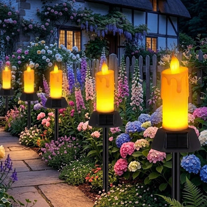 Solar Flameless Candles Outdoor Waterproof, Patented Dual-LED Flickering Flame 7" Dripping Wax Pillar with Detachable Stake, 3-Sided Solar Base for Patio, Cemetery (4 Pack)