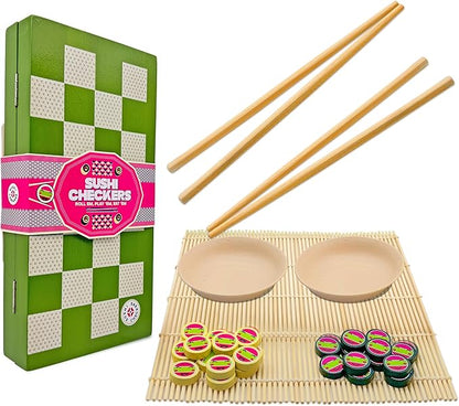 Project Genius: Sushi Checkers - Game &amp Sushi Making Set Folding Bamboo Game Board 24 Checkers &amp Chopsticks Set Adults &amp Kids Ages 8+ 2 Players
