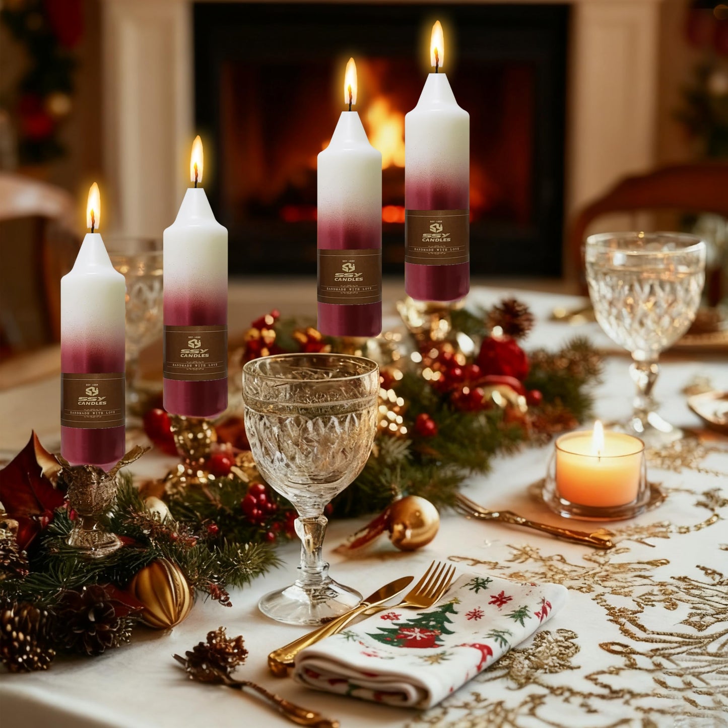 Christmas Metallic Red Candle 5 Inch Short Smokeless Taper Candles 4 Pack Unscented Dinner Candle for Christmas Dinner