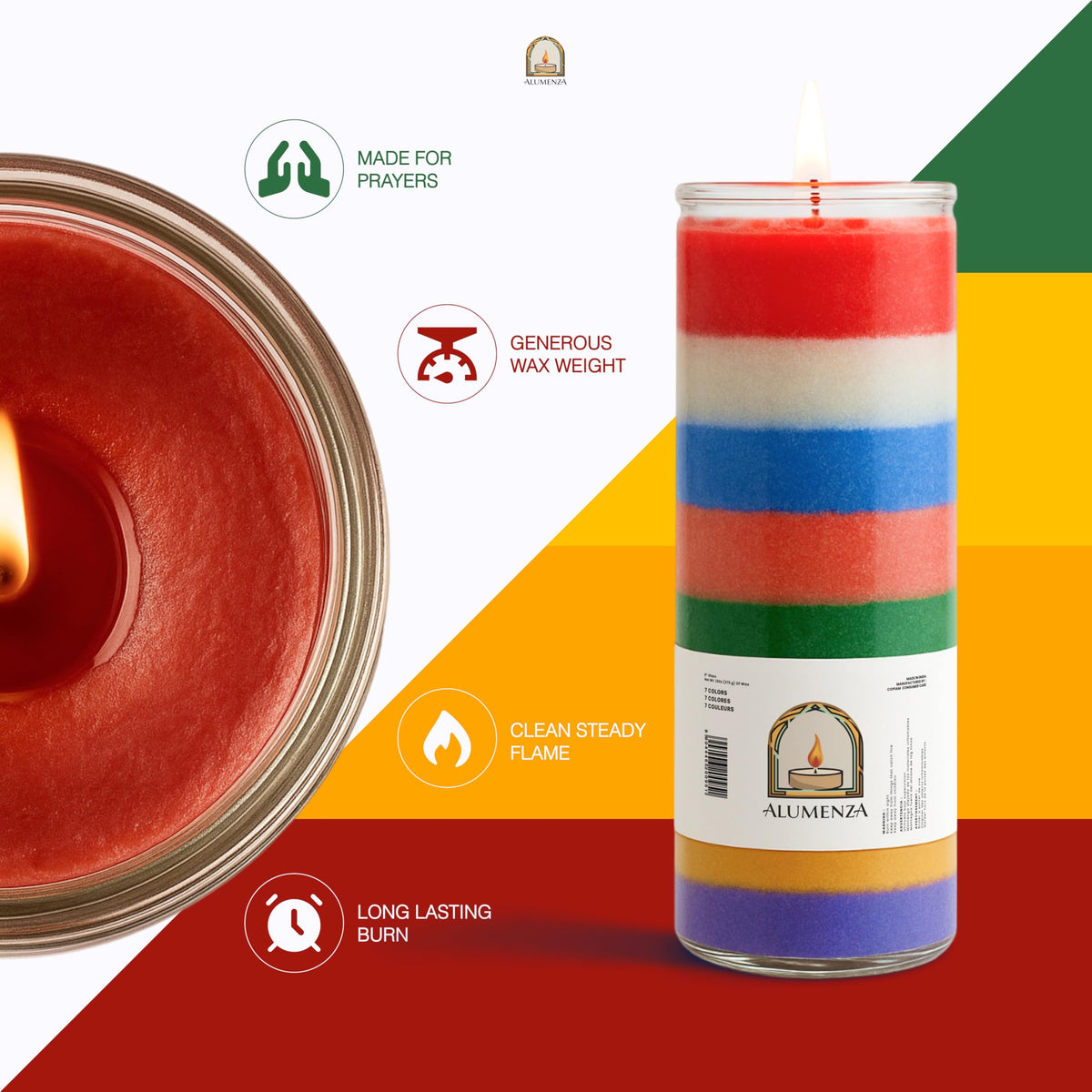 Alumenza 3 Pack 7 Color 7 Day Candles in Glass Jar – Paraffin Wax, Clean Burning Unscented | Large & Tall Devotional Prayer Pillar Candles for Home, Memorial, Spells, Long Lasting