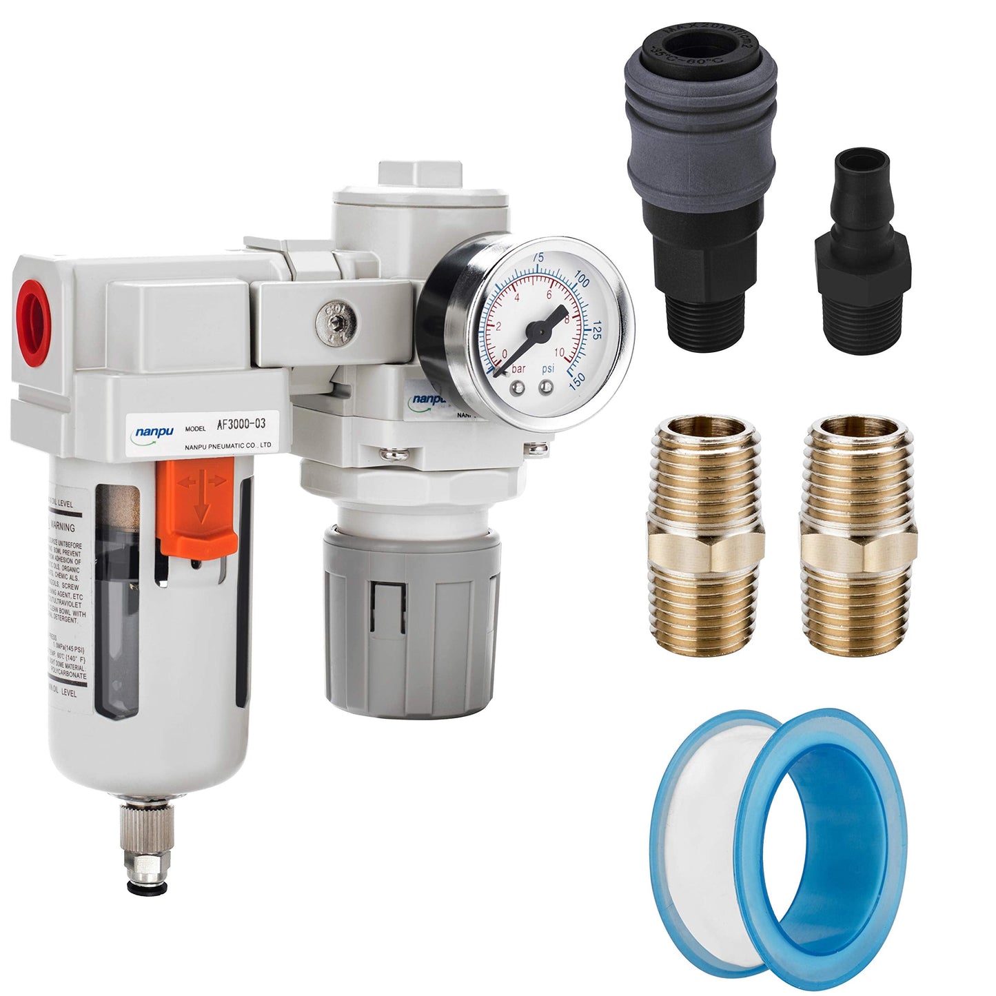 NANPU 3/8" NPT Compressed Air Filter Regulator Combo Piggyback, 5 Micron Element, Poly Bowl, Semi-Auto Drain, Bracket, Gauge (ARF3000)