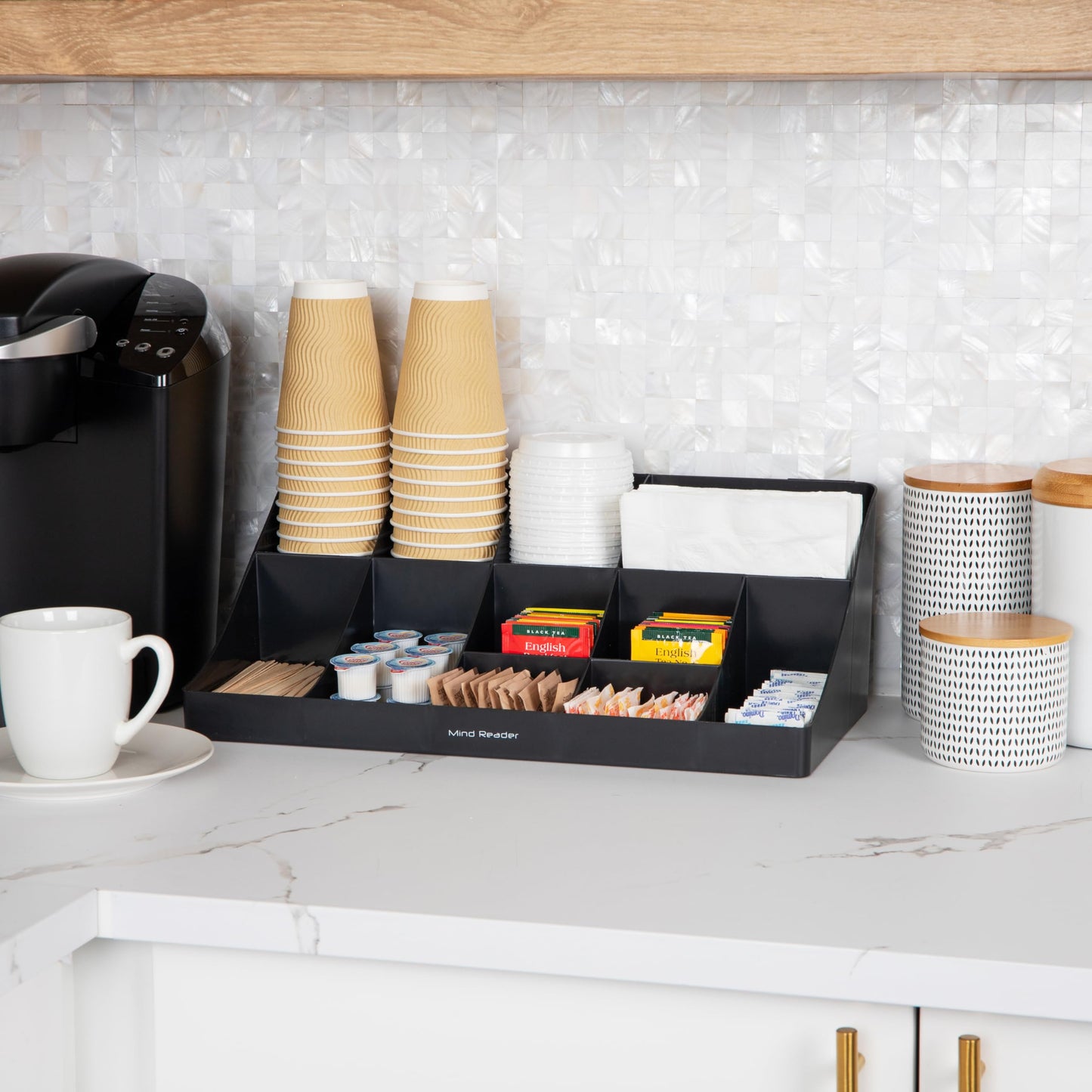 Mind Reader Cup and Condiment Station, Countertop Organizer, Coffee Bar, Kitchen, Stirrers, 17.875"L x 9.5"W x 6.625"H, Black