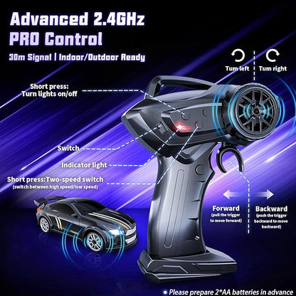 Mini RC Drift Car 1:64 Scale Remote Control Car with LED Lights &amp 2-Speed Modes 2.4GHz Stunt Drifting RC Toys with 4 Obstacles &amp Track Mat Hobby Gift for Kids &amp Adults Black