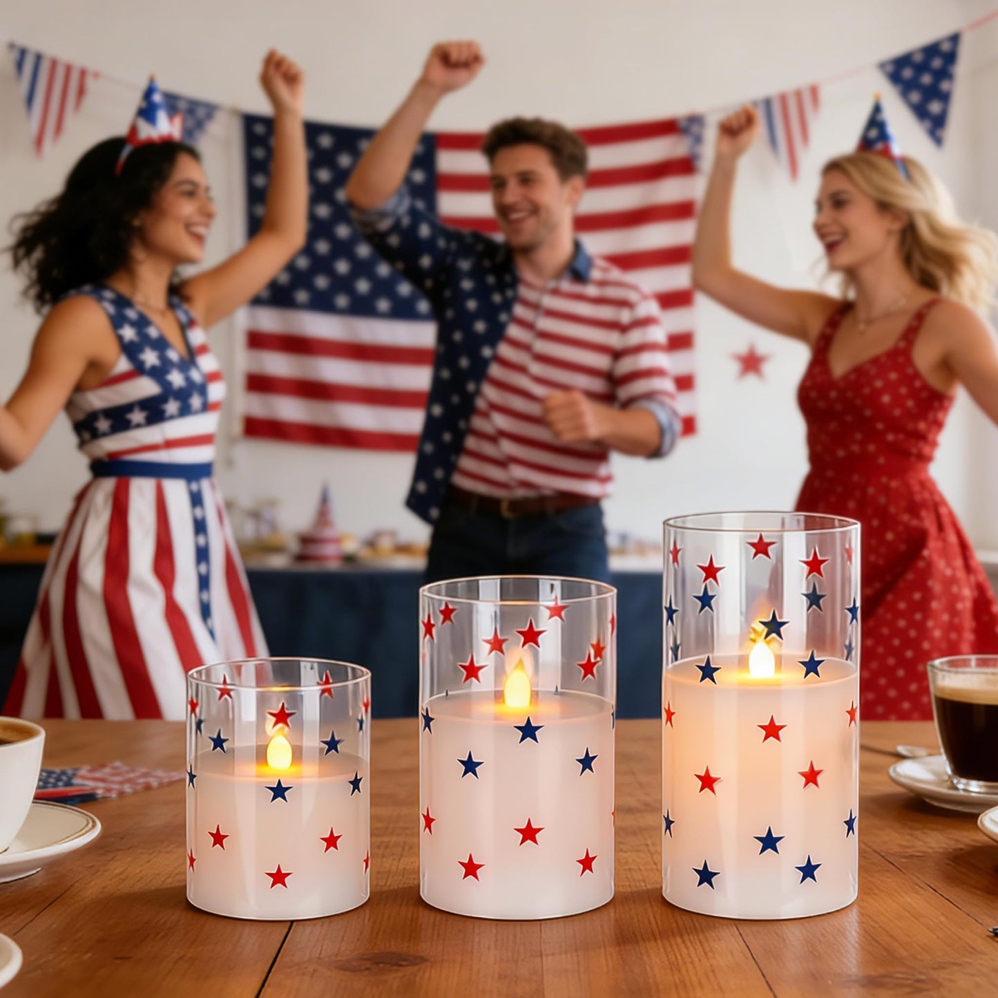 4th of July Candles, Glass Flameless Pillar Candles with Remote and Timer, Red White Blue Star Patriotic LED Candles, 250th Anniversary Battery Operated Independence Day Indoor Decor Set of 3