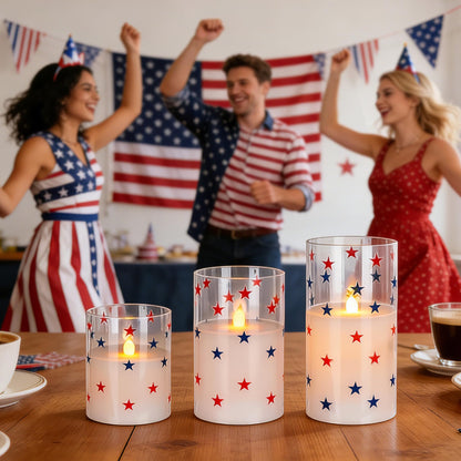 4th of July Candles, Glass Flameless Pillar Candles with Remote and Timer, Red White Blue Star Patriotic LED Candles, 250th Anniversary Battery Operated Independence Day Indoor Decor Set of 3