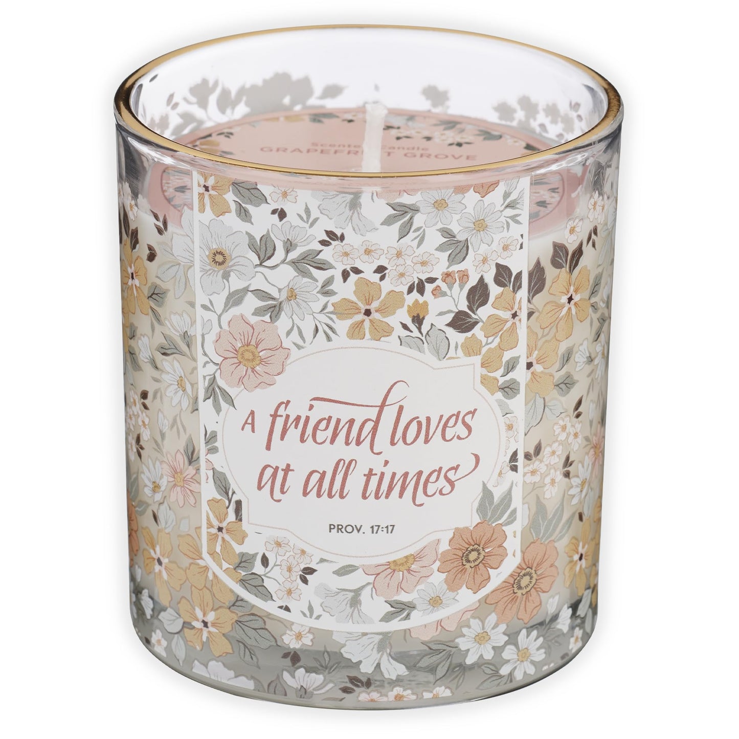 Christian Art Gifts Grapefruit Grove Scented Candle: Proverbs 17:17 Bible Verse, Soy Wax, Pure Essential Oils, Floral Design Glass Jar, Friendship Gift for Women, 40 Hours Burn Time