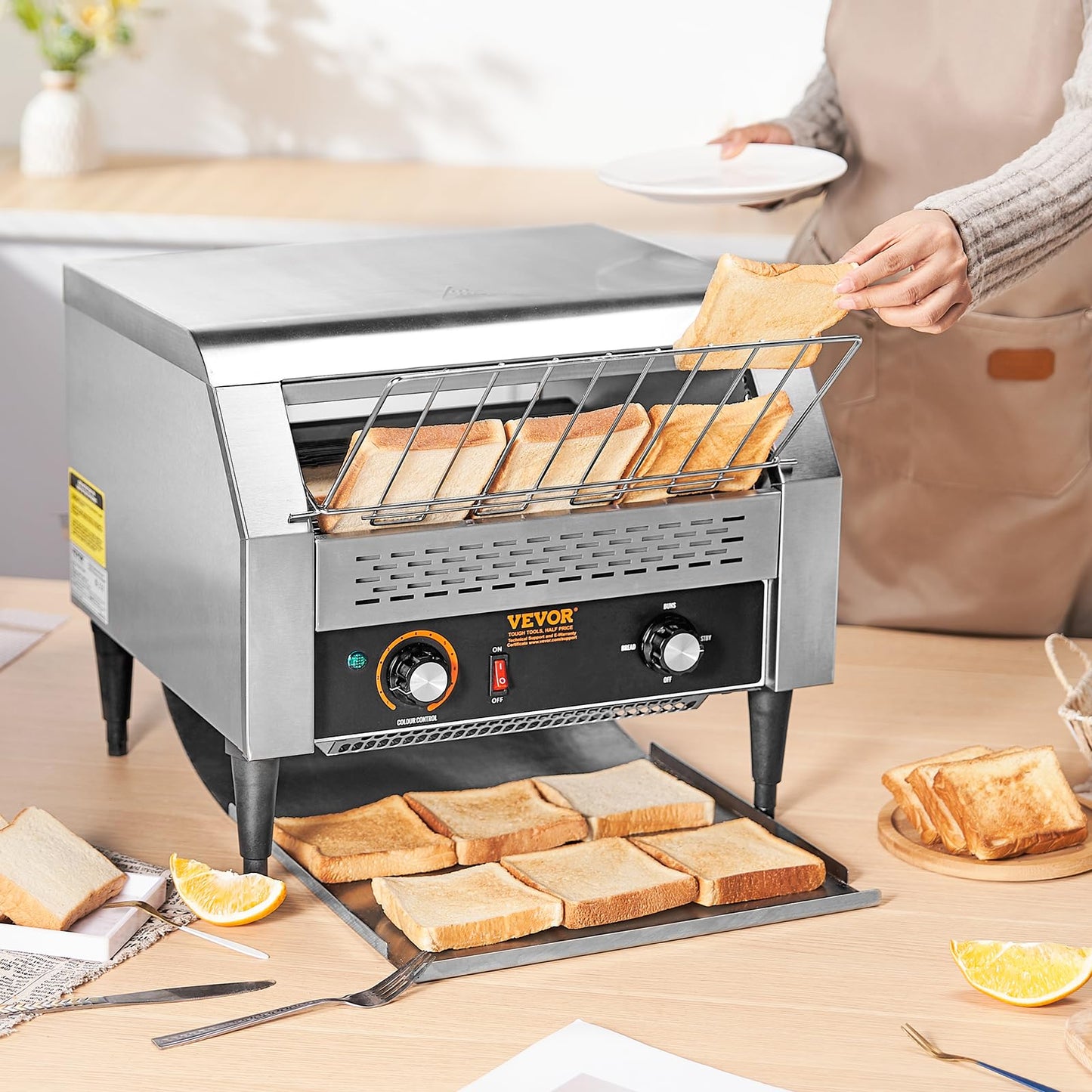 VEVOR 1770W Commercial Conveyor Toaster, 450 Slices per Hour, Heavy Duty Electric Toaster Oven, Food-Grade 304 Stainless Steel Conveyor Belt, Dual Knob Control, for Restaurant Bakery Bread Bagel Bun