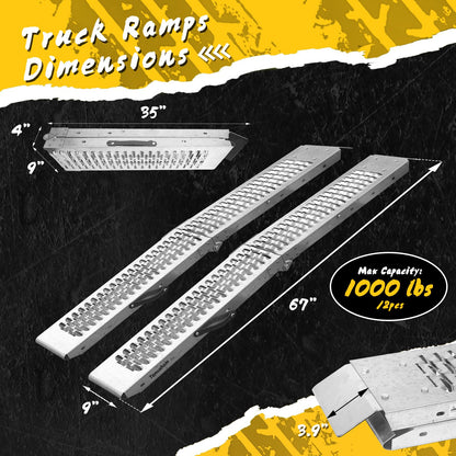 Temushom 67" Folding Truck Ramps, 1000 Lbs Capacity Heavy Duty Loading Ramps for Lawn Mower, Portable Anti-Slip Steel Loading Ramps for Pickup Trucks, ATV, UTV, Motorcycle, Trailer, Dirt Bike, 2-Pack