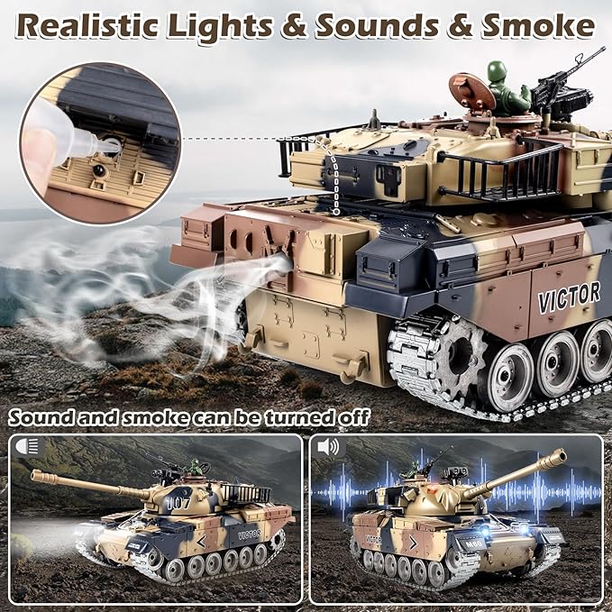 RC Tank 1:18 Alloy Metal US M60 Remote Control Army Model Toys That Shoots 2.4Ghz RC Vehicle with Smoke Sound and Lights Military Tank for Adults and Kids 6+ Year Old