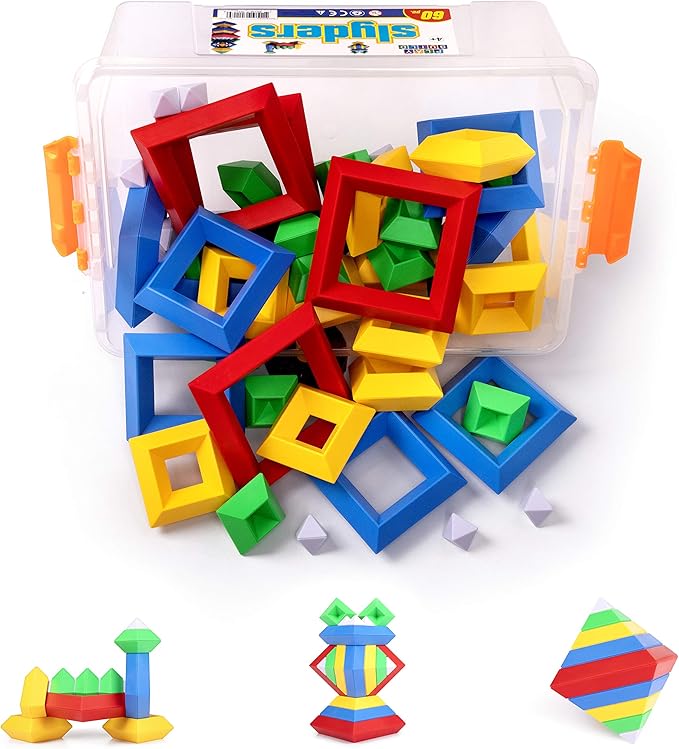 Slyder Set: 60 Pieces 3D Pyramid Building Blocks Geometric Stacking Toys for Kids Ages 4+ - Creative Early Childhood STEM Educational Toys for Preschool Boys and Girls