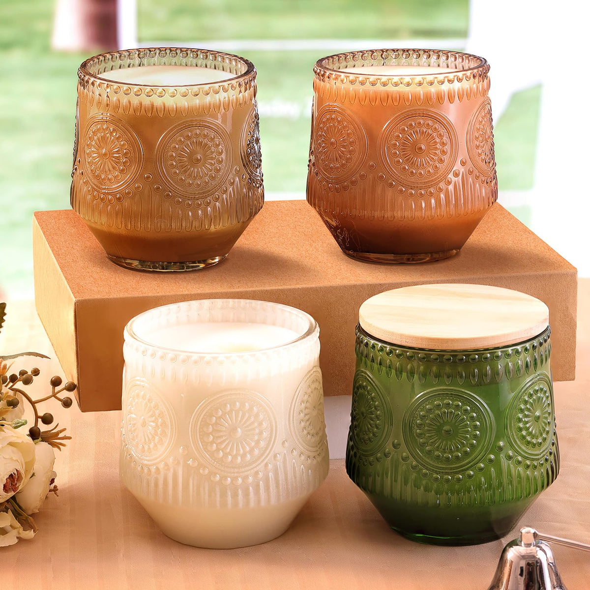 LAMORGIFT 6 Pack Large Green Candle Jars - 13.5oz Glass with Wooden Lids and Labels, Empty Jars for Candle Making Supplies
