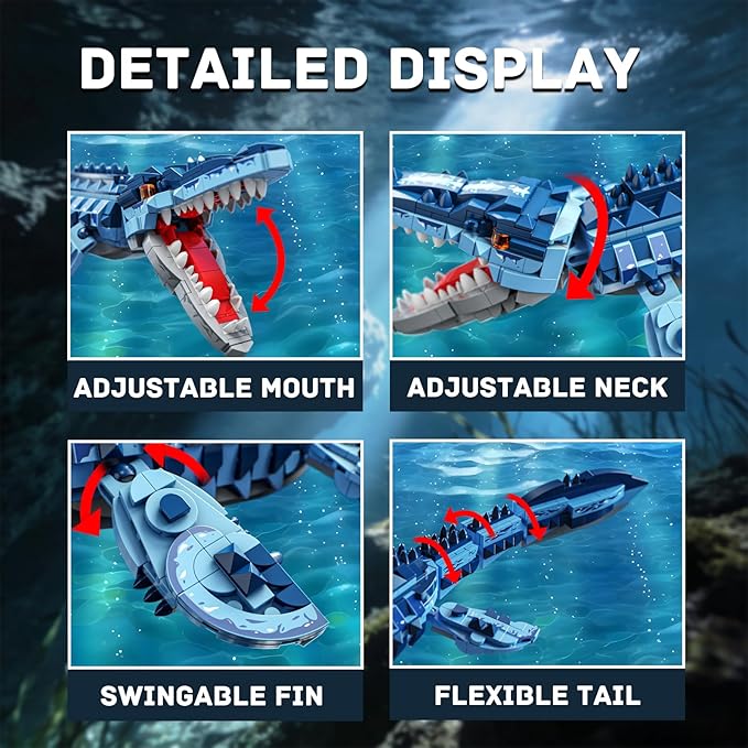 Mosasaurus Dinosaur Building Set 805 Pieces Realistic Prehistoric Marine Reptile Model Ocean Predator Construction Toy with Articulated Jaw &amp Fins Jurassic Animal Gift for Teens &amp Adults